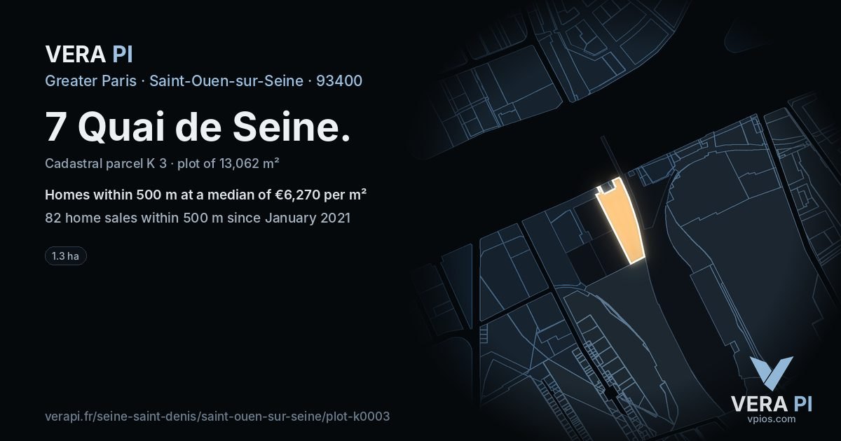 7 Quai de Seine, Saint-Ouen-sur-Seine at night – the plot lit, the parcels around coloured by the prices near them