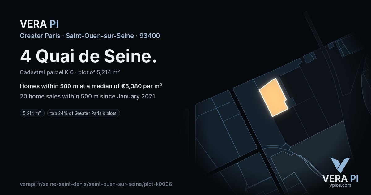 4 Quai de Seine, Saint-Ouen-sur-Seine at night – the plot lit, the parcels around coloured by the prices near them