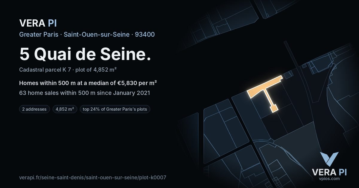 5 Quai de Seine, Saint-Ouen-sur-Seine at night – the plot lit, the parcels around coloured by the prices near them