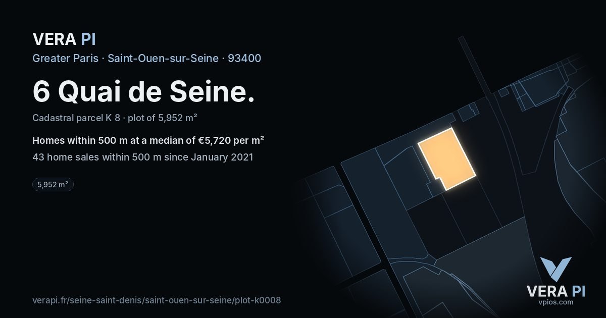 6 Quai de Seine, Saint-Ouen-sur-Seine at night – the plot lit, the parcels around coloured by the prices near them