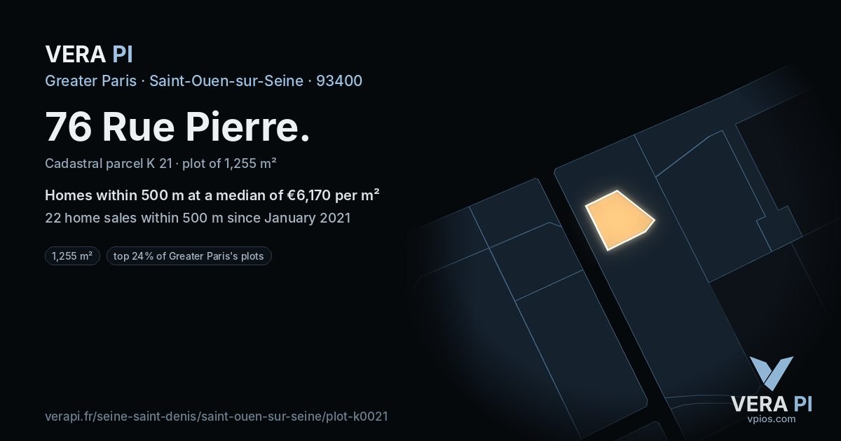 76 Rue Pierre, Saint-Ouen-sur-Seine at night – the plot lit, the parcels around coloured by the prices near them
