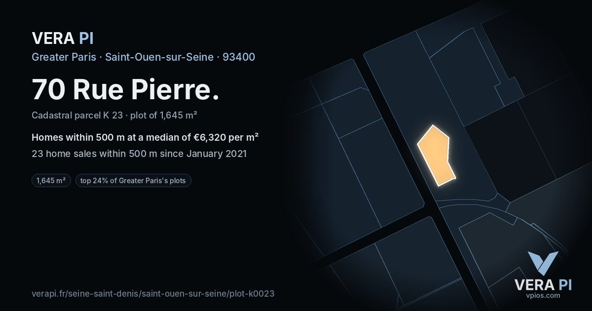 70 Rue Pierre, Saint-Ouen-sur-Seine at night – the plot lit, the parcels around coloured by the prices near them