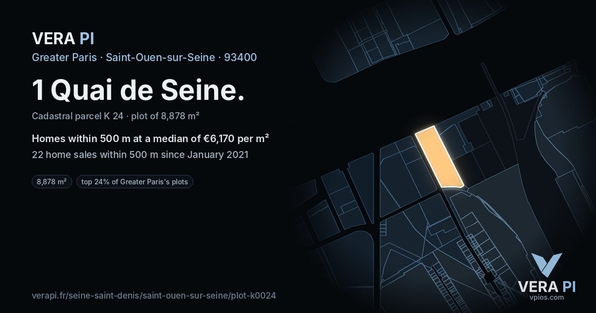 1 Quai de Seine, Saint-Ouen-sur-Seine at night – the plot lit, the parcels around coloured by the prices near them