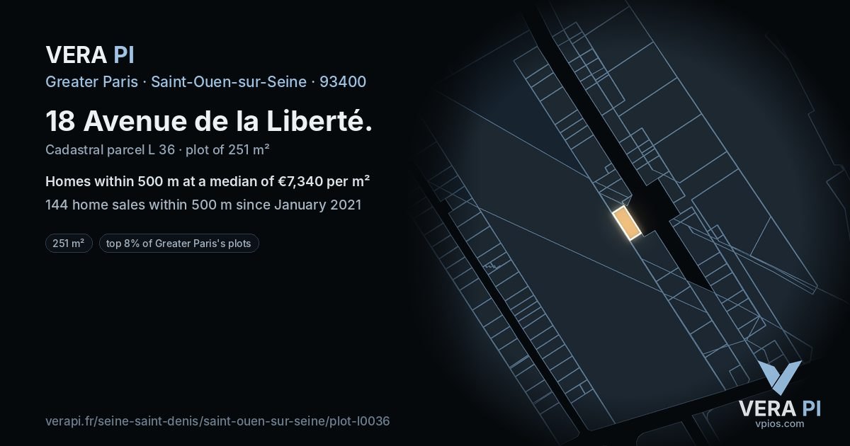 18 Avenue de la Liberté, Saint-Ouen-sur-Seine at night – the plot lit, the parcels around coloured by the prices near them