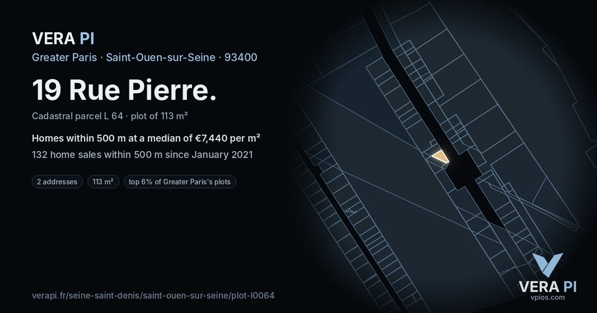 19 Rue Pierre, Saint-Ouen-sur-Seine at night – the plot lit, the parcels around coloured by the prices near them