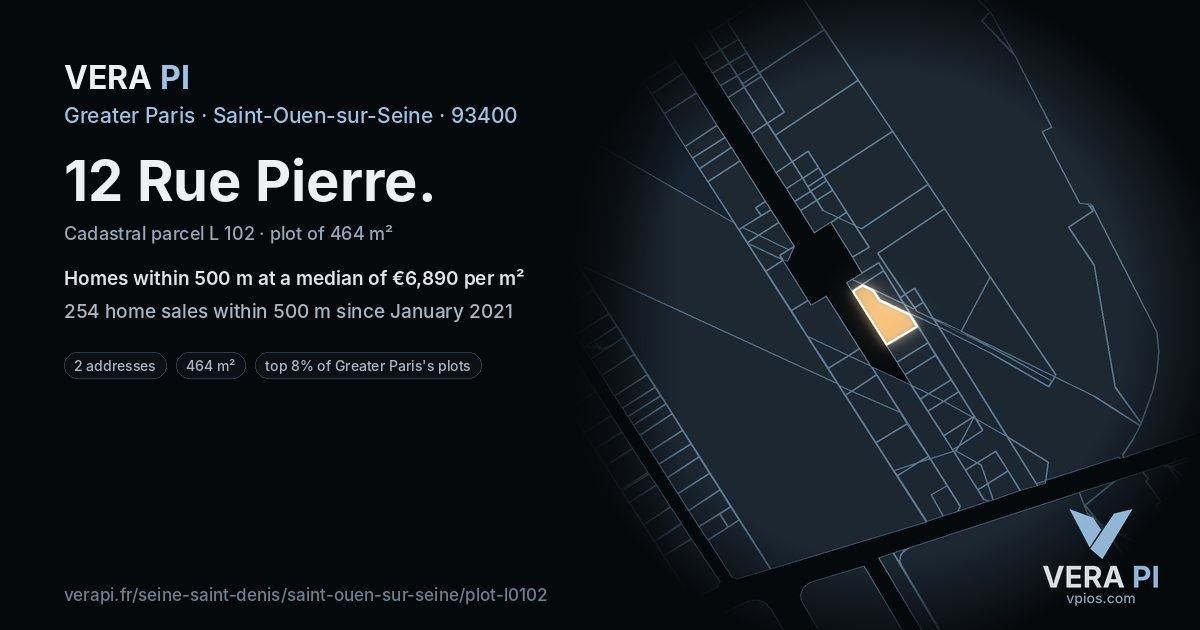 12 Rue Pierre, Saint-Ouen-sur-Seine at night – the plot lit, the parcels around coloured by the prices near them