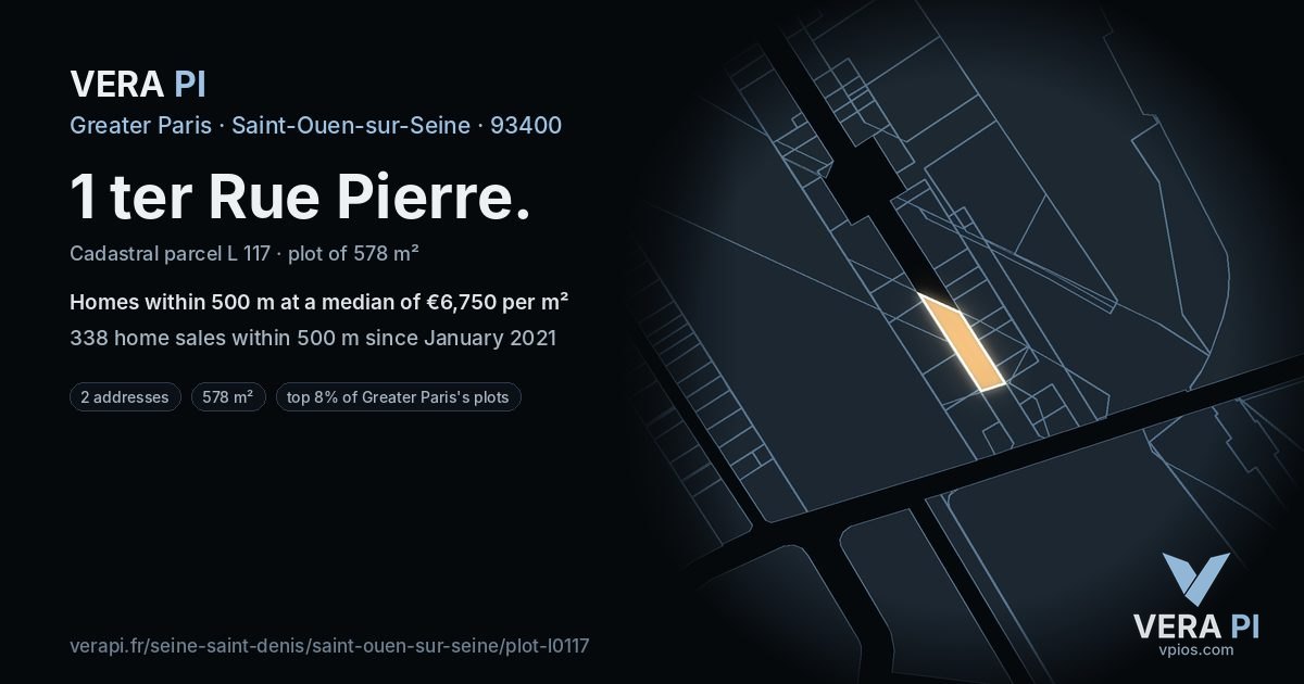 1 ter Rue Pierre, Saint-Ouen-sur-Seine at night – the plot lit, the parcels around coloured by the prices near them