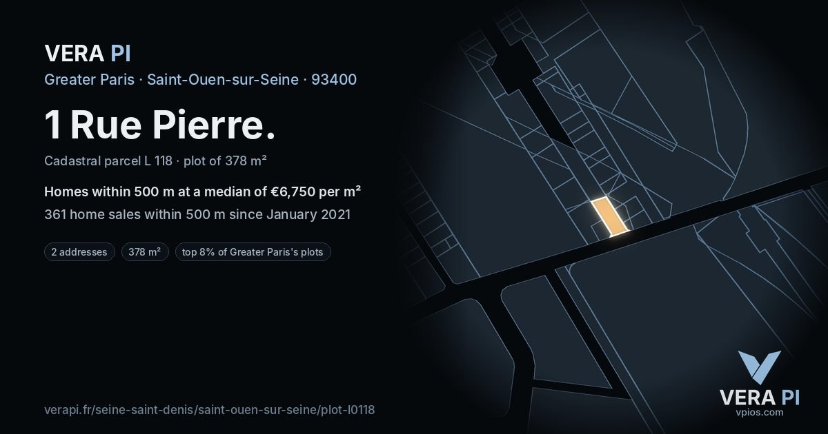 1 Rue Pierre, Saint-Ouen-sur-Seine at night – the plot lit, the parcels around coloured by the prices near them