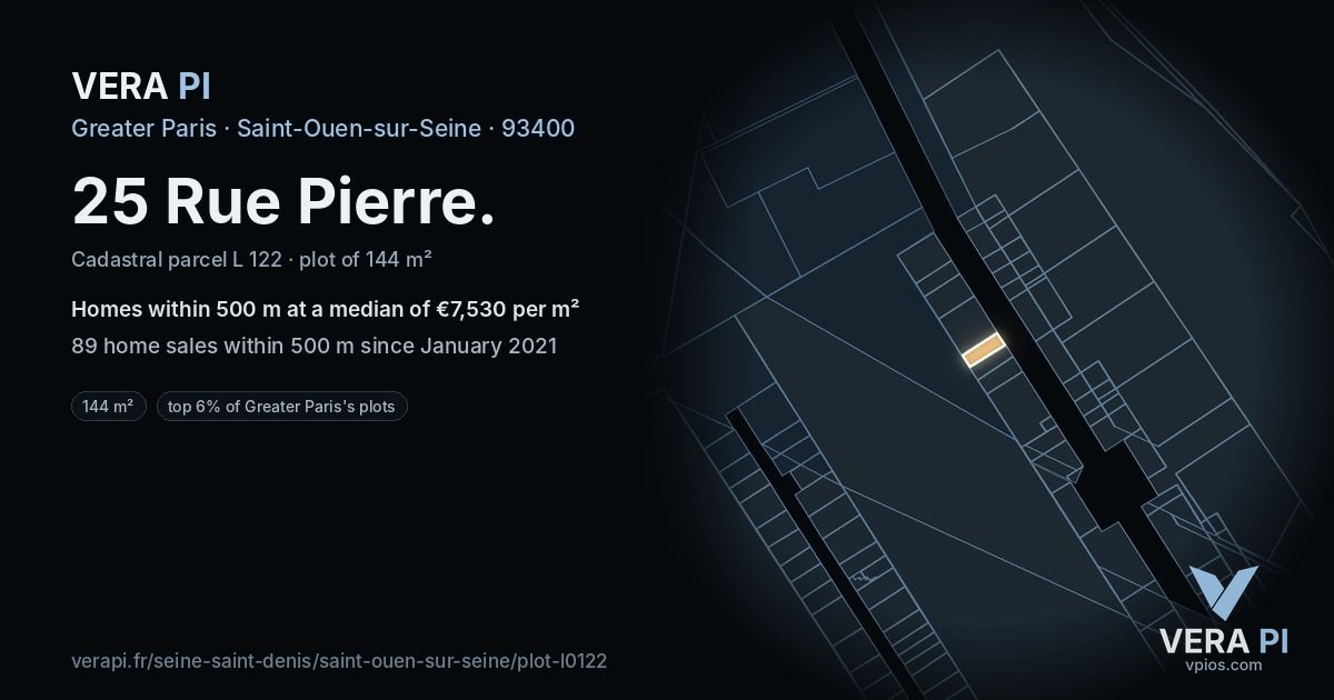 25 Rue Pierre, Saint-Ouen-sur-Seine at night – the plot lit, the parcels around coloured by the prices near them