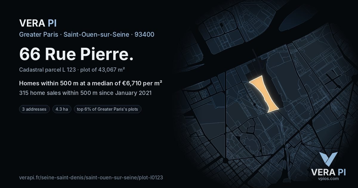 66 Rue Pierre, Saint-Ouen-sur-Seine at night – the plot lit, the parcels around coloured by the prices near them