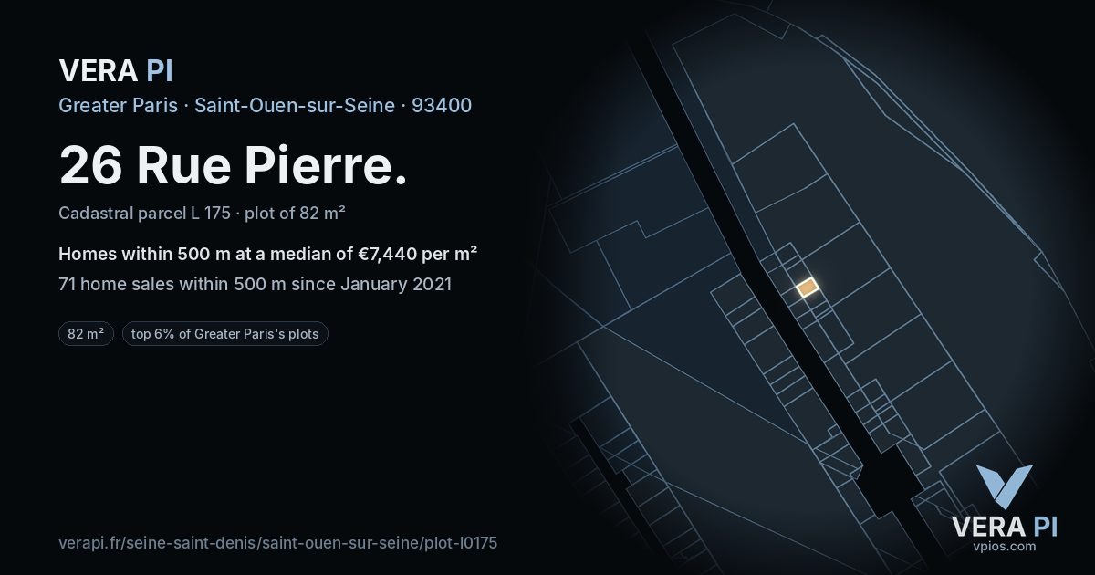 26 Rue Pierre, Saint-Ouen-sur-Seine at night – the plot lit, the parcels around coloured by the prices near them
