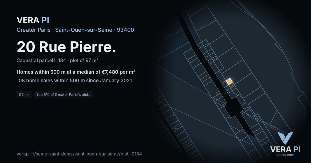 20 Rue Pierre, Saint-Ouen-sur-Seine at night – the plot lit, the parcels around coloured by the prices near them