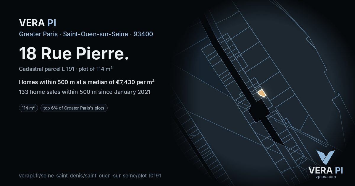 18 Rue Pierre, Saint-Ouen-sur-Seine at night – the plot lit, the parcels around coloured by the prices near them