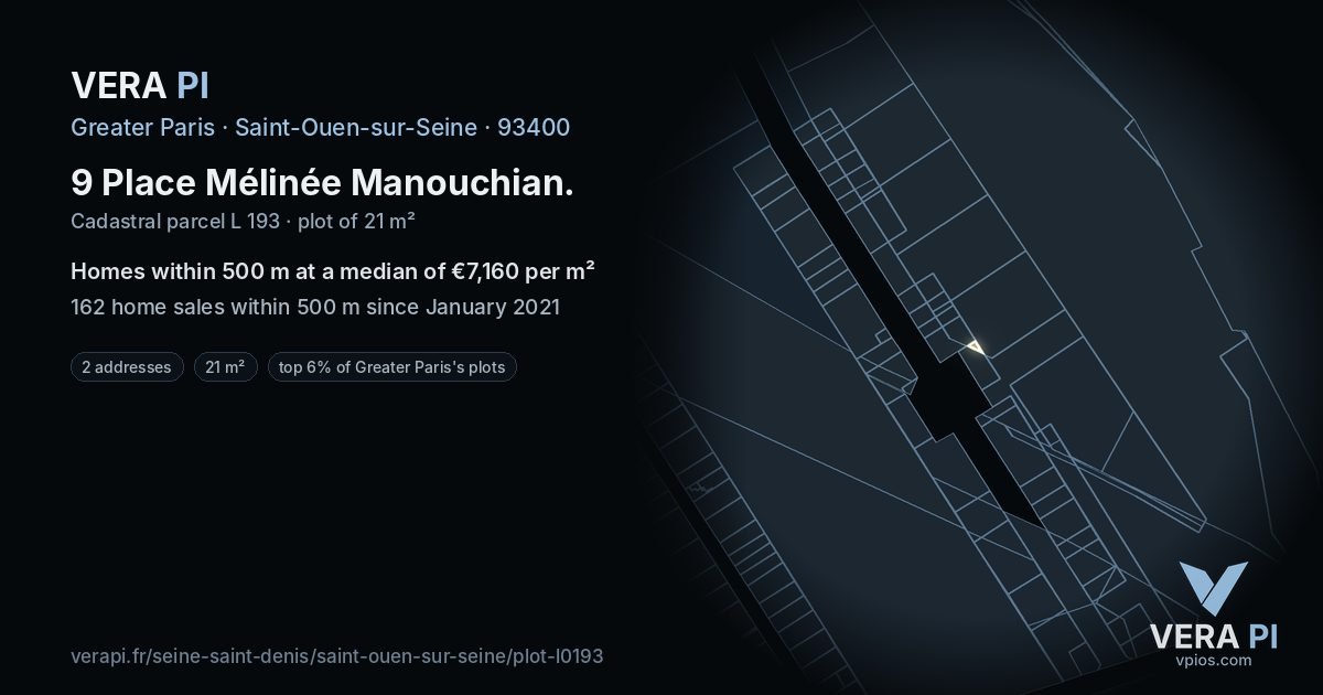 9 Place Mélinée Manouchian, Saint-Ouen-sur-Seine at night – the plot lit, the parcels around coloured by the prices near them