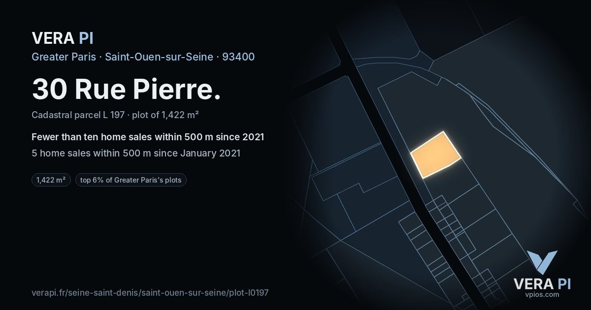 30 Rue Pierre, Saint-Ouen-sur-Seine at night – the plot lit, the parcels around coloured by the prices near them