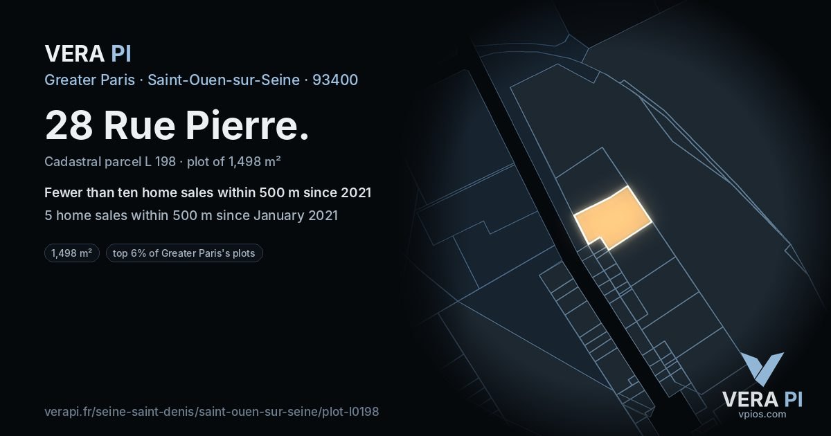 28 Rue Pierre, Saint-Ouen-sur-Seine at night – the plot lit, the parcels around coloured by the prices near them