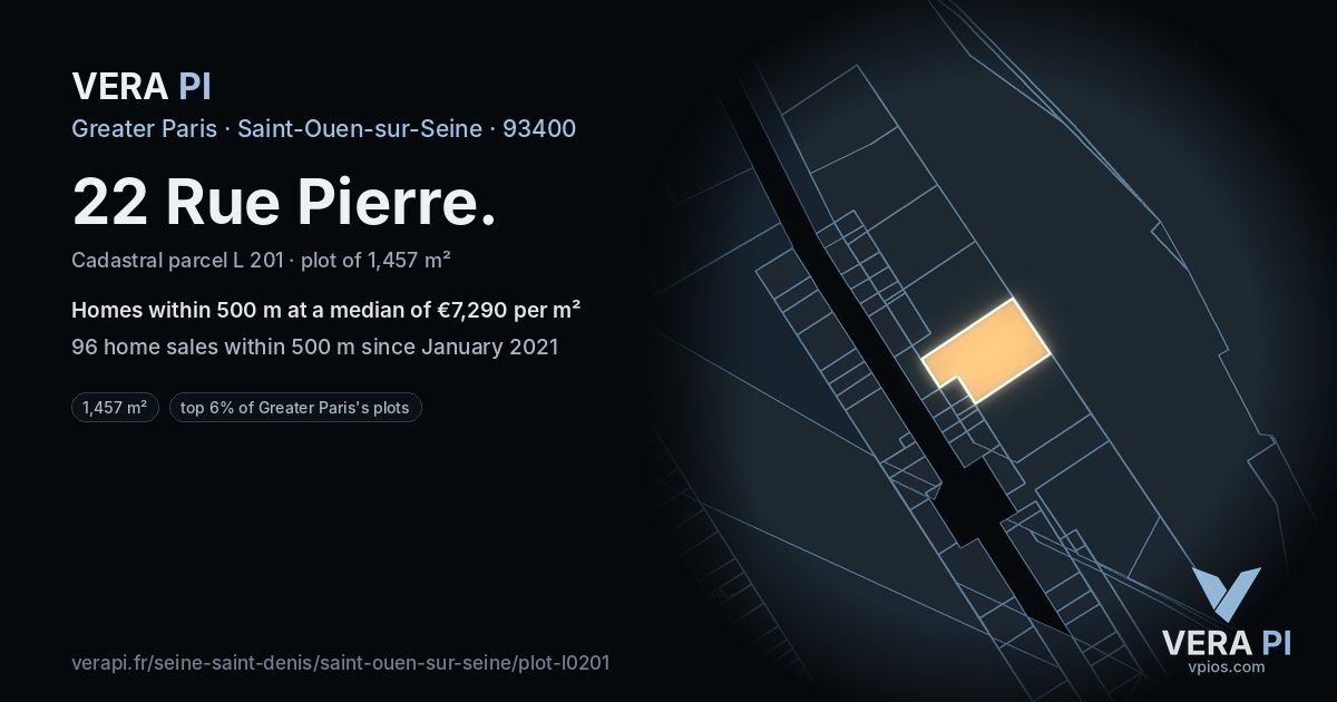 22 Rue Pierre, Saint-Ouen-sur-Seine at night – the plot lit, the parcels around coloured by the prices near them