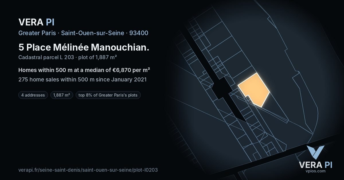 5 Place Mélinée Manouchian, Saint-Ouen-sur-Seine at night – the plot lit, the parcels around coloured by the prices near them