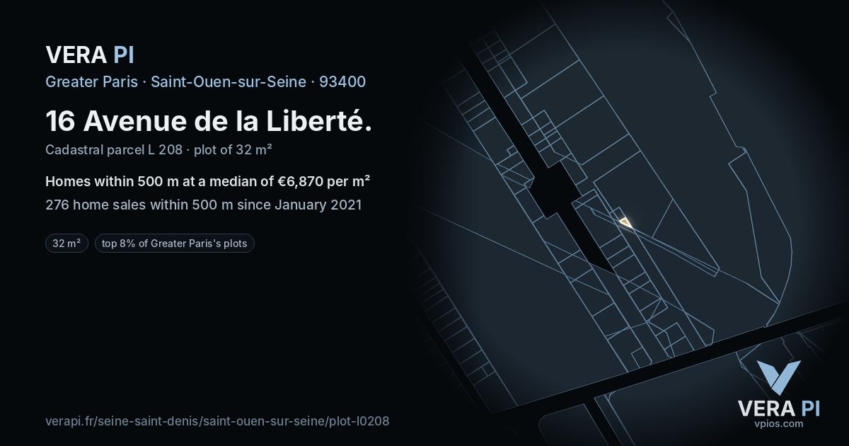 16 Avenue de la Liberté, Saint-Ouen-sur-Seine at night – the plot lit, the parcels around coloured by the prices near them