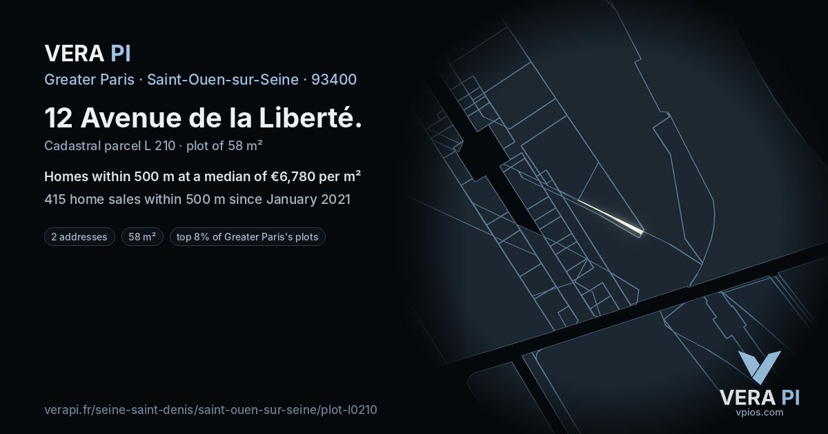 12 Avenue de la Liberté, Saint-Ouen-sur-Seine at night – the plot lit, the parcels around coloured by the prices near them