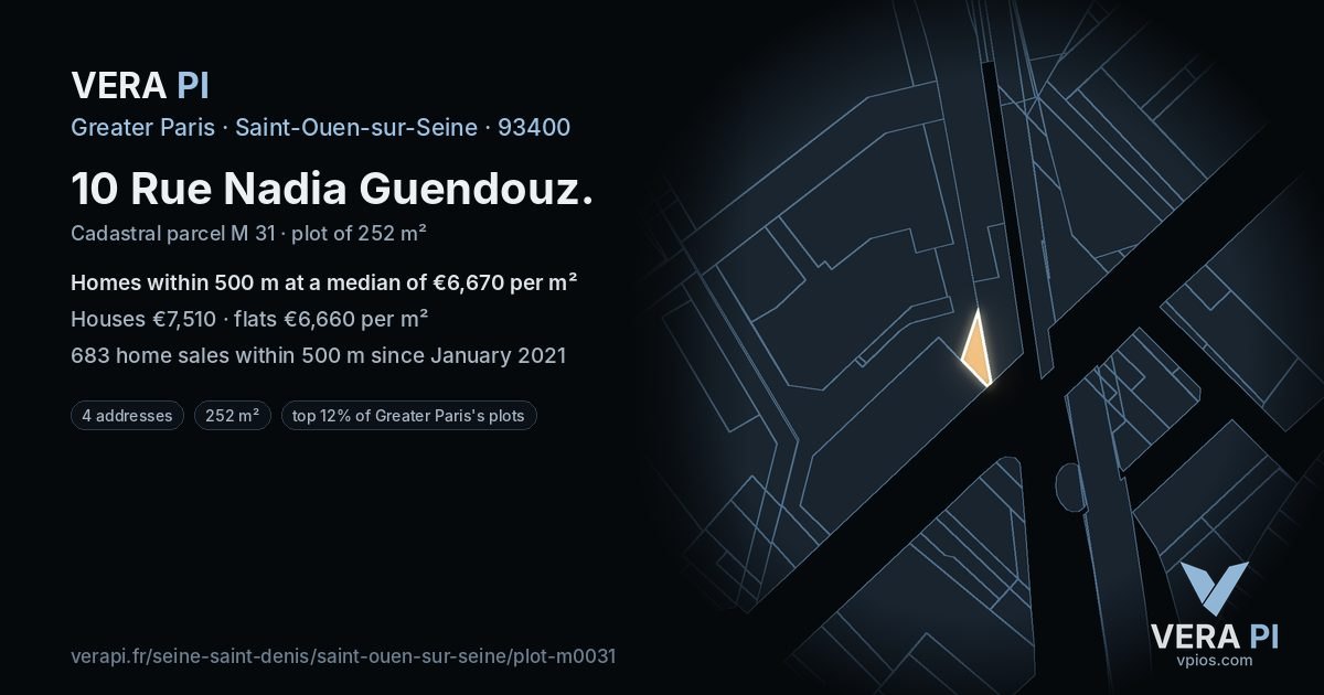 10 Rue Nadia Guendouz, Saint-Ouen-sur-Seine at night – the plot lit, the parcels around coloured by the prices near them