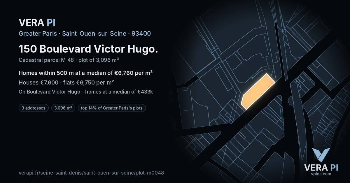 150 Boulevard Victor Hugo, Saint-Ouen-sur-Seine at night – the plot lit, the parcels around coloured by the prices near them