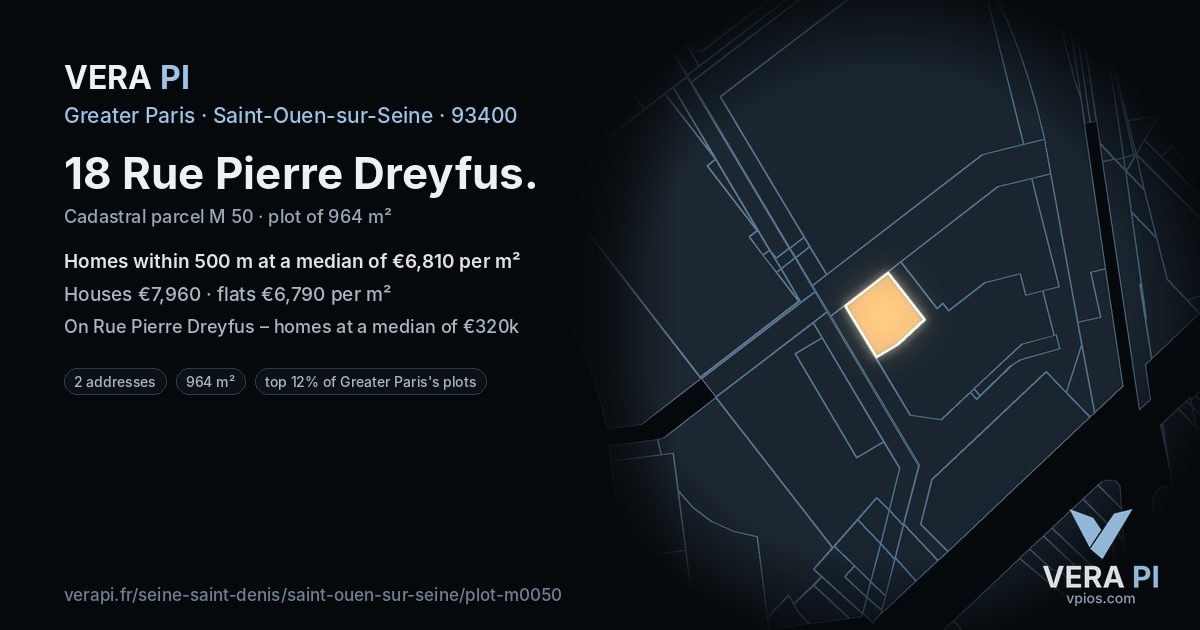 18 Rue Pierre Dreyfus, Saint-Ouen-sur-Seine at night – the plot lit, the parcels around coloured by the prices near them