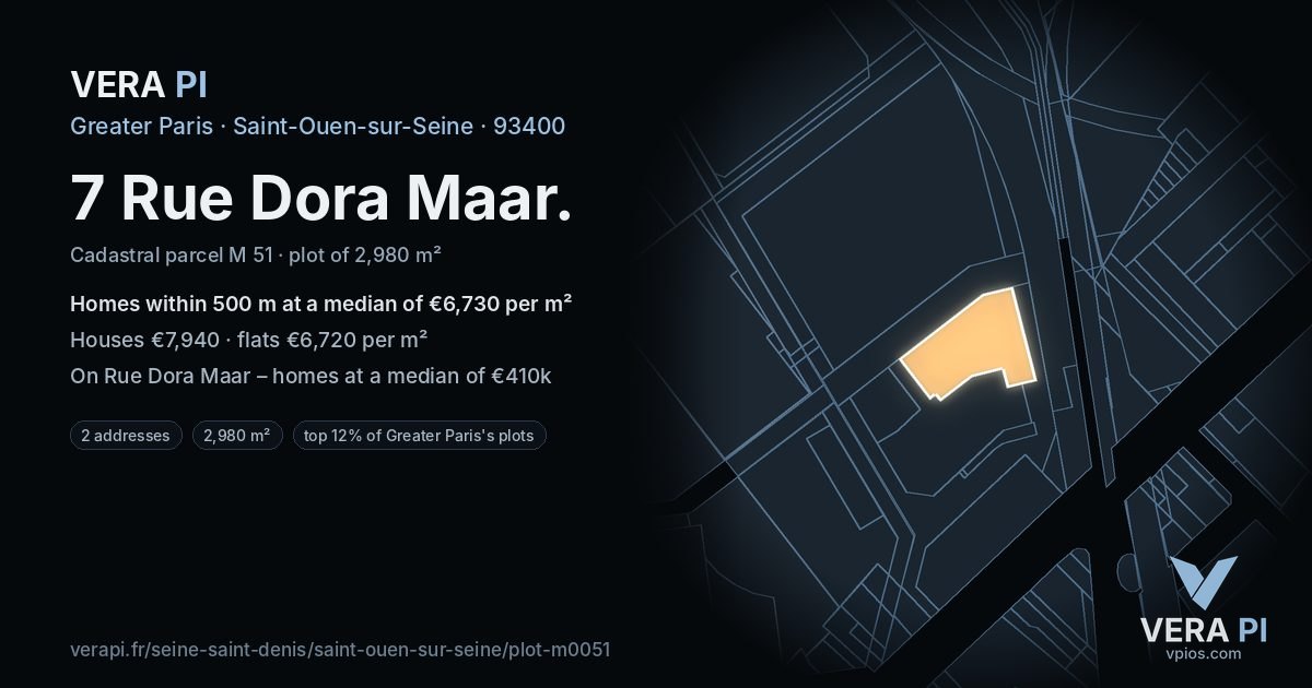 7 Rue Dora Maar, Saint-Ouen-sur-Seine at night – the plot lit, the parcels around coloured by the prices near them