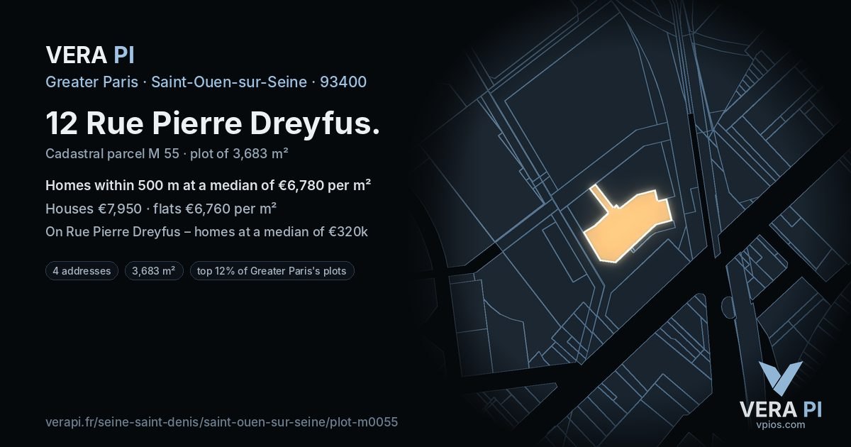 12 Rue Pierre Dreyfus, Saint-Ouen-sur-Seine at night – the plot lit, the parcels around coloured by the prices near them