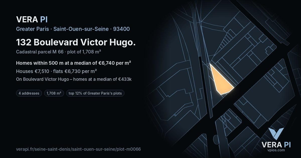132 Boulevard Victor Hugo, Saint-Ouen-sur-Seine at night – the plot lit, the parcels around coloured by the prices near them