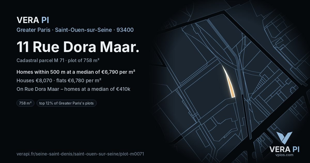 11 Rue Dora Maar, Saint-Ouen-sur-Seine at night – the plot lit, the parcels around coloured by the prices near them