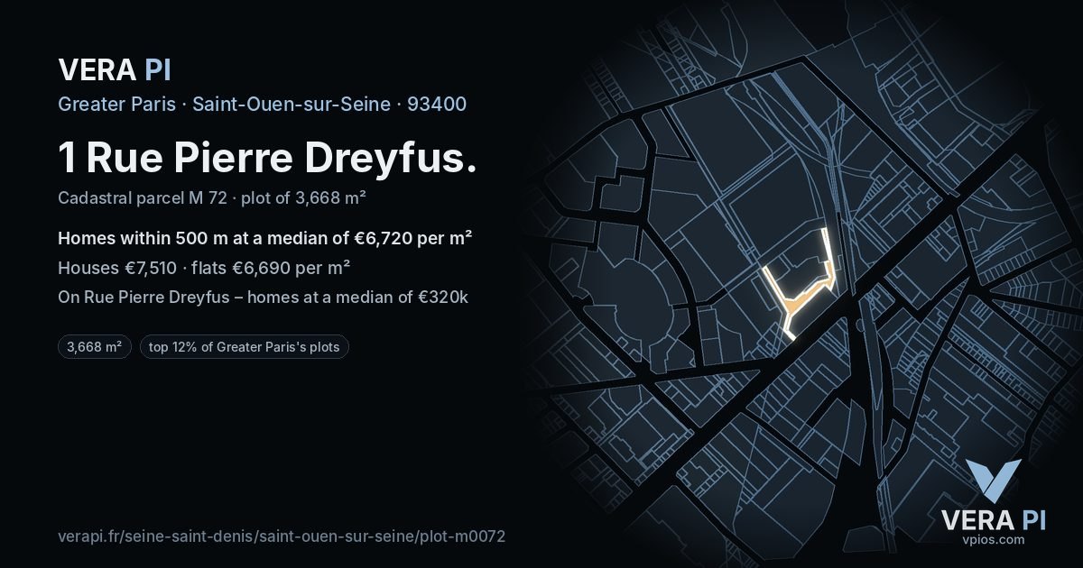 1 Rue Pierre Dreyfus, Saint-Ouen-sur-Seine at night – the plot lit, the parcels around coloured by the prices near them