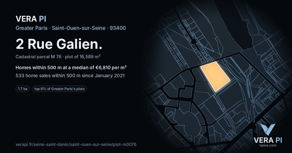 2 Rue Galien, Saint-Ouen-sur-Seine at night – the plot lit, the parcels around coloured by the prices near them