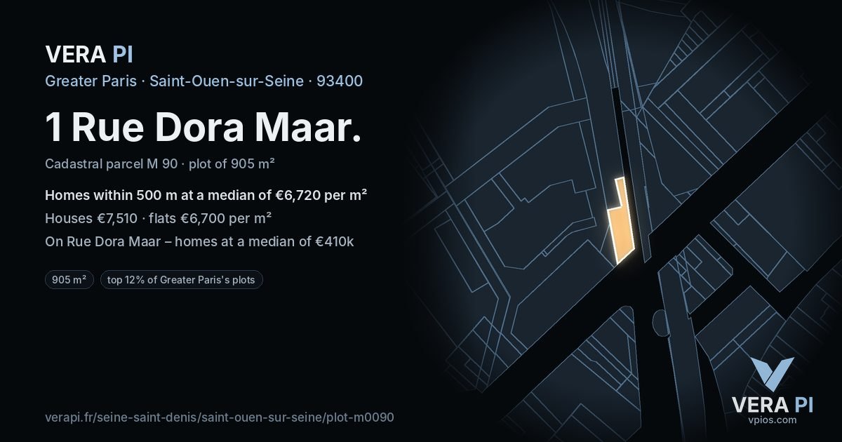 1 Rue Dora Maar, Saint-Ouen-sur-Seine at night – the plot lit, the parcels around coloured by the prices near them