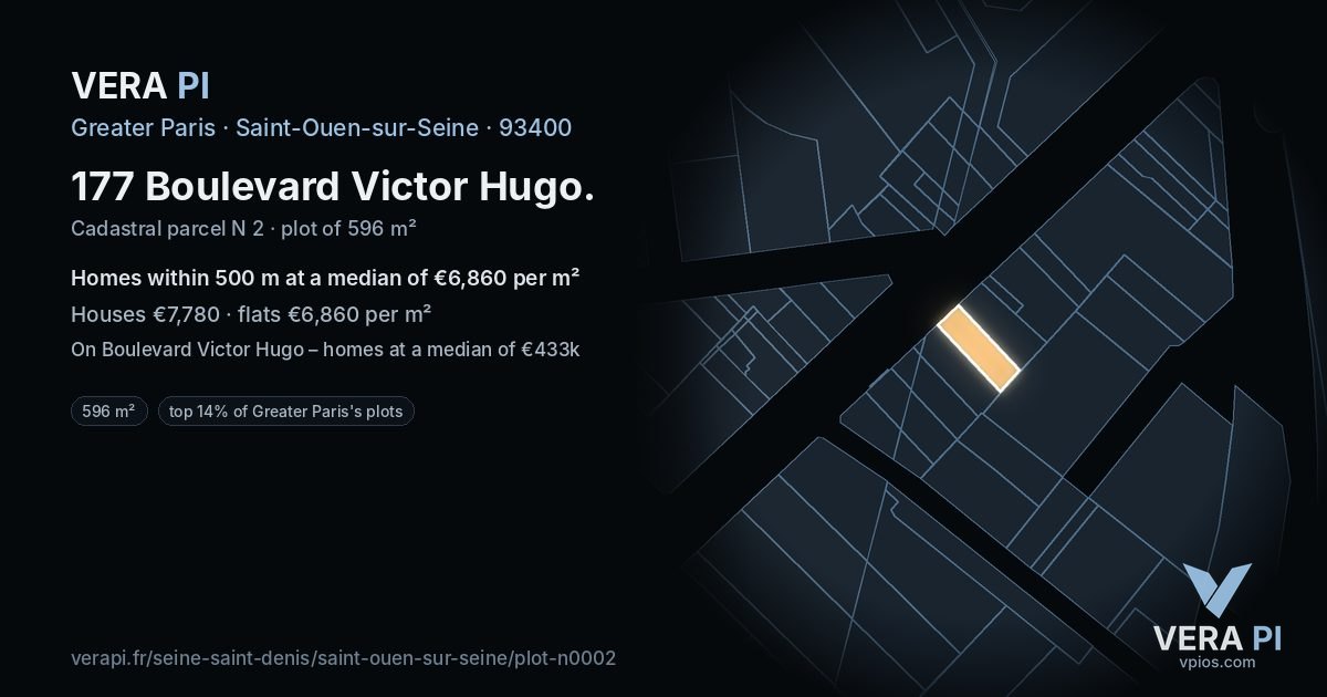 177 Boulevard Victor Hugo, Saint-Ouen-sur-Seine at night – the plot lit, the parcels around coloured by the prices near them