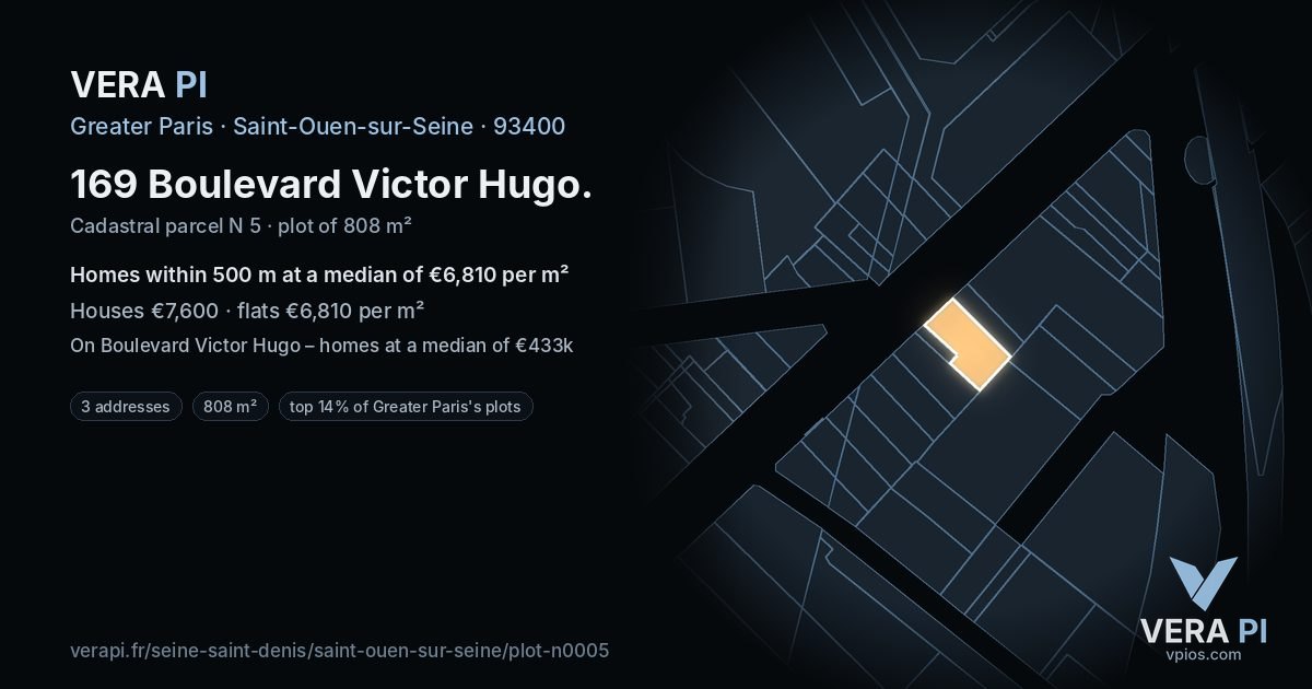 169 Boulevard Victor Hugo, Saint-Ouen-sur-Seine at night – the plot lit, the parcels around coloured by the prices near them