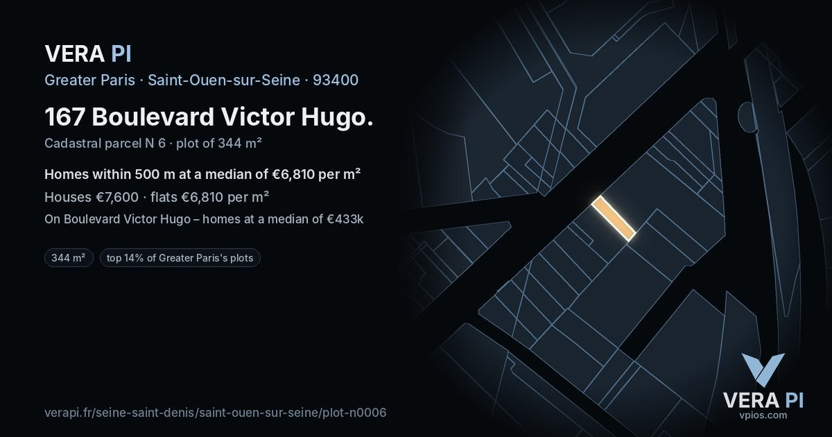 167 Boulevard Victor Hugo, Saint-Ouen-sur-Seine at night – the plot lit, the parcels around coloured by the prices near them
