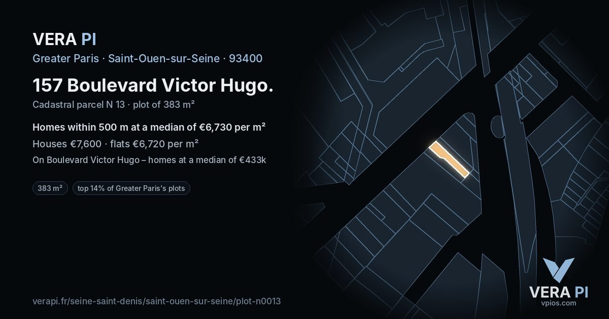 157 Boulevard Victor Hugo, Saint-Ouen-sur-Seine at night – the plot lit, the parcels around coloured by the prices near them