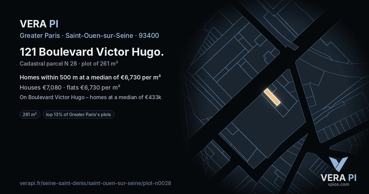 121 Boulevard Victor Hugo, Saint-Ouen-sur-Seine at night – the plot lit, the parcels around coloured by the prices near them