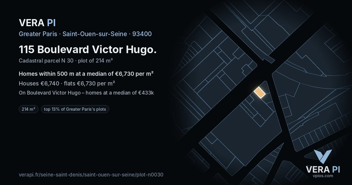 115 Boulevard Victor Hugo, Saint-Ouen-sur-Seine at night – the plot lit, the parcels around coloured by the prices near them