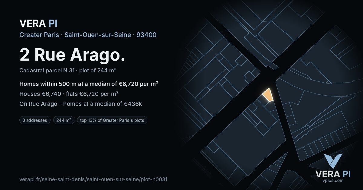 2 Rue Arago, Saint-Ouen-sur-Seine at night – the plot lit, the parcels around coloured by the prices near them