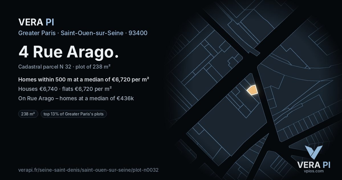 4 Rue Arago, Saint-Ouen-sur-Seine at night – the plot lit, the parcels around coloured by the prices near them