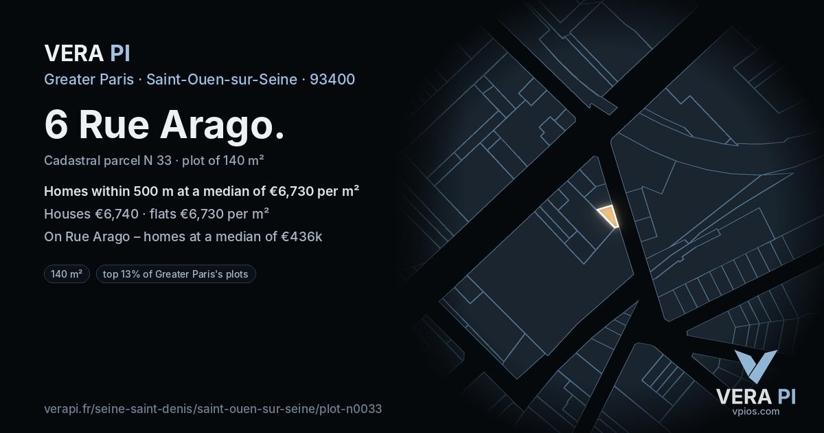 6 Rue Arago, Saint-Ouen-sur-Seine at night – the plot lit, the parcels around coloured by the prices near them