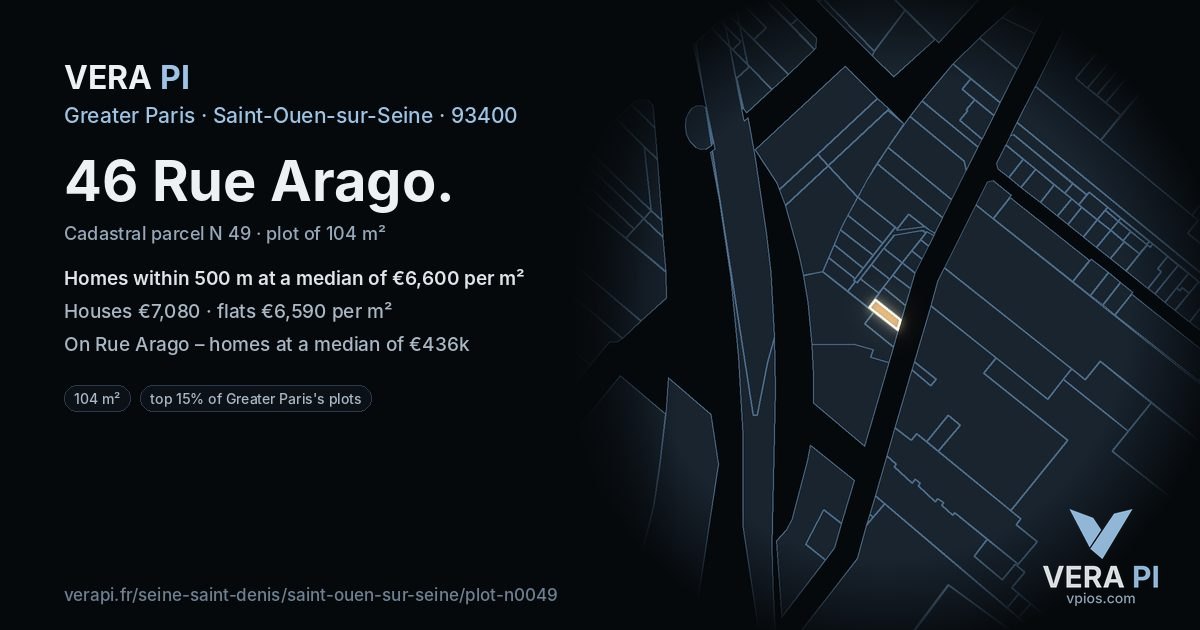 46 Rue Arago, Saint-Ouen-sur-Seine at night – the plot lit, the parcels around coloured by the prices near them
