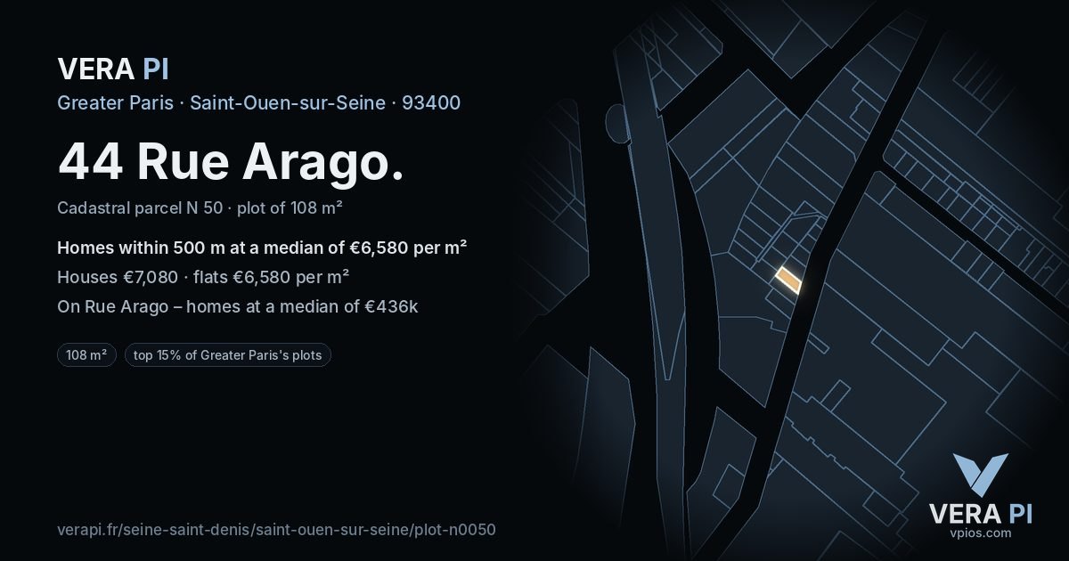 44 Rue Arago, Saint-Ouen-sur-Seine at night – the plot lit, the parcels around coloured by the prices near them