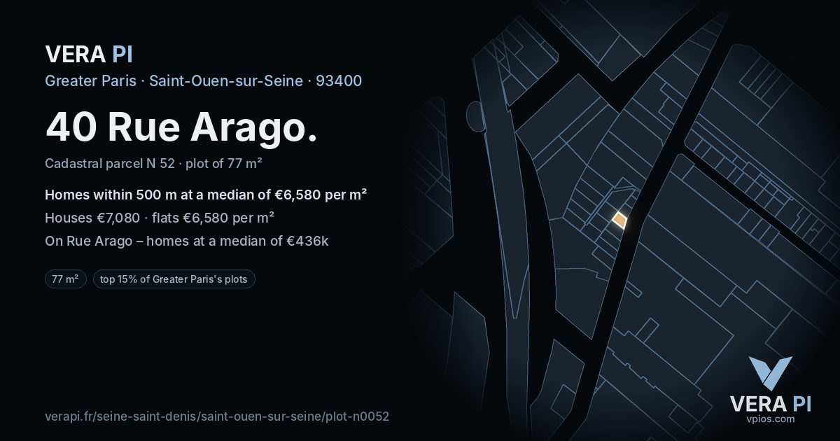 40 Rue Arago, Saint-Ouen-sur-Seine at night – the plot lit, the parcels around coloured by the prices near them