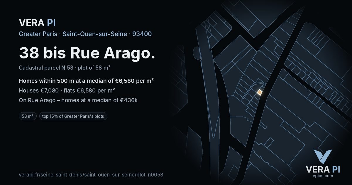 38 bis Rue Arago, Saint-Ouen-sur-Seine at night – the plot lit, the parcels around coloured by the prices near them