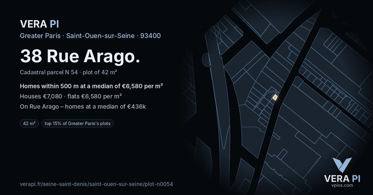 38 Rue Arago, Saint-Ouen-sur-Seine at night – the plot lit, the parcels around coloured by the prices near them