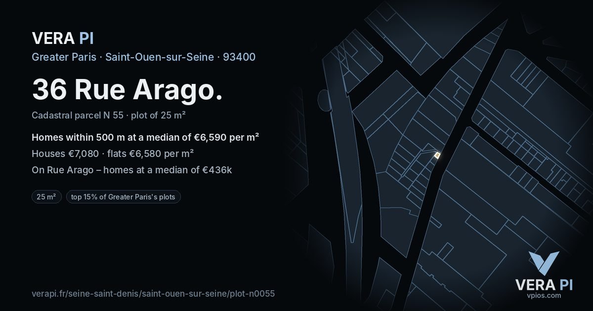 36 Rue Arago, Saint-Ouen-sur-Seine at night – the plot lit, the parcels around coloured by the prices near them