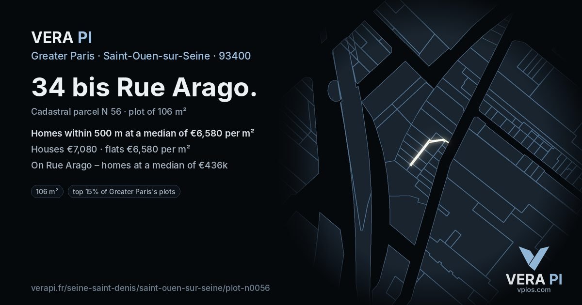 34 bis Rue Arago, Saint-Ouen-sur-Seine at night – the plot lit, the parcels around coloured by the prices near them